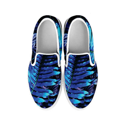 Blue Tropical Leaves Print White Slip On Shoes