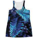 Blue Tropical Leaves Print Women's Racerback Tank Top