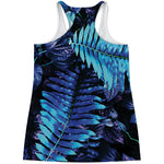 Blue Tropical Leaves Print Women's Racerback Tank Top