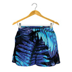 Blue Tropical Leaves Print Women's Shorts