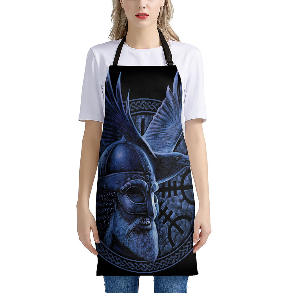 Blue Viking God Odin And Crow Print Apron