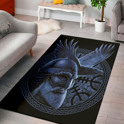 Blue Viking God Odin And Crow Print Area Rug