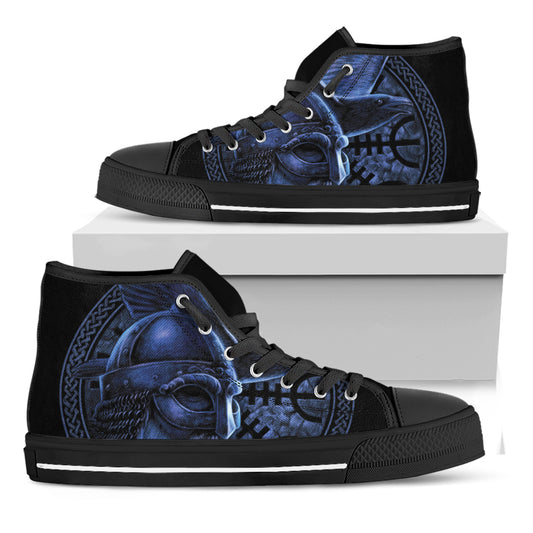 Blue Viking God Odin And Crow Print Black High Top Shoes