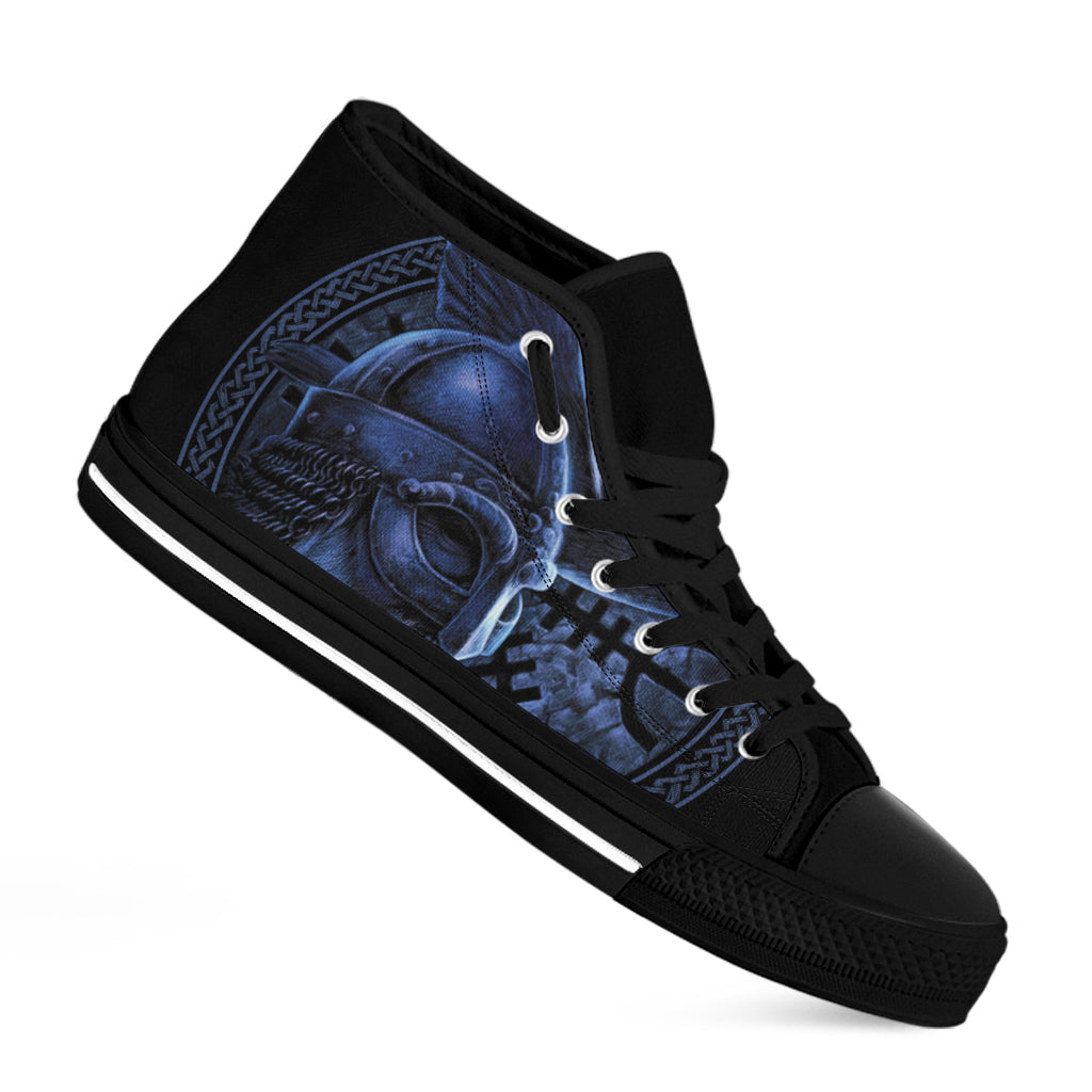 Blue Viking God Odin And Crow Print Black High Top Shoes