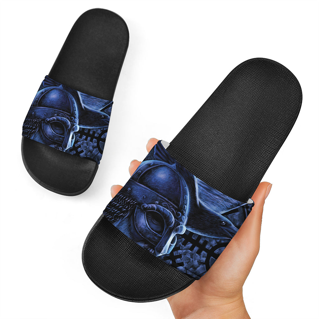Blue Viking God Odin And Crow Print Black Slide Sandals