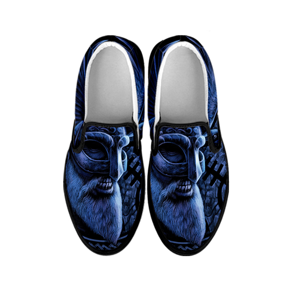 Blue Viking God Odin And Crow Print Black Slip On Shoes