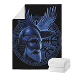 Blue Viking God Odin And Crow Print Blanket