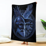 Blue Viking God Odin And Crow Print Blanket