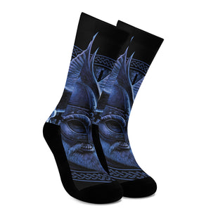 Blue Viking God Odin And Crow Print Crew Socks