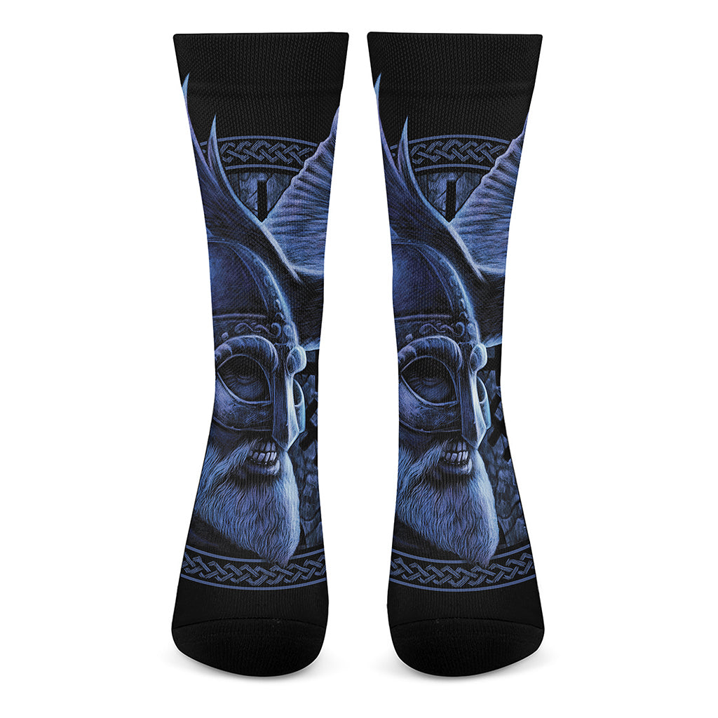 Blue Viking God Odin And Crow Print Crew Socks