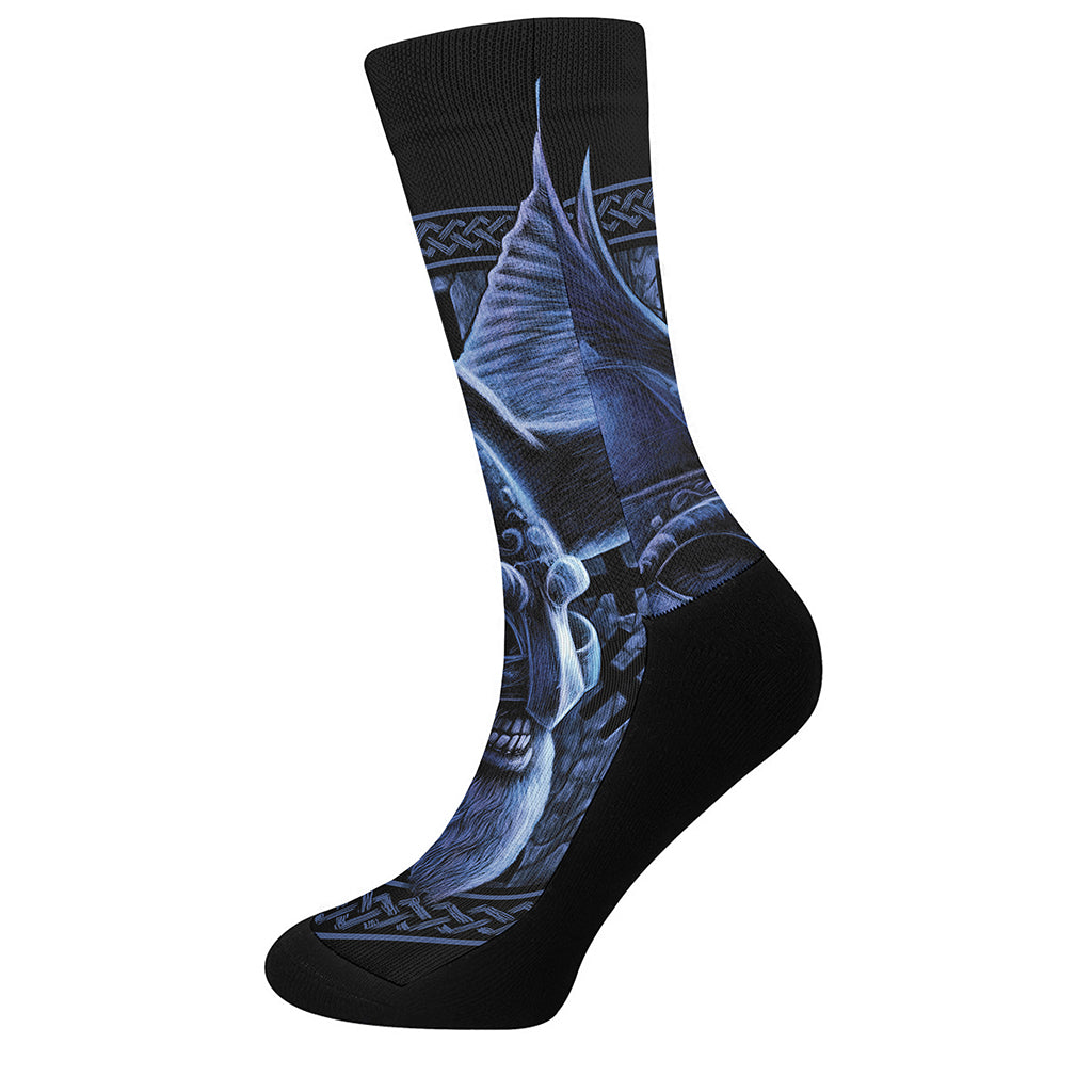 Blue Viking God Odin And Crow Print Crew Socks