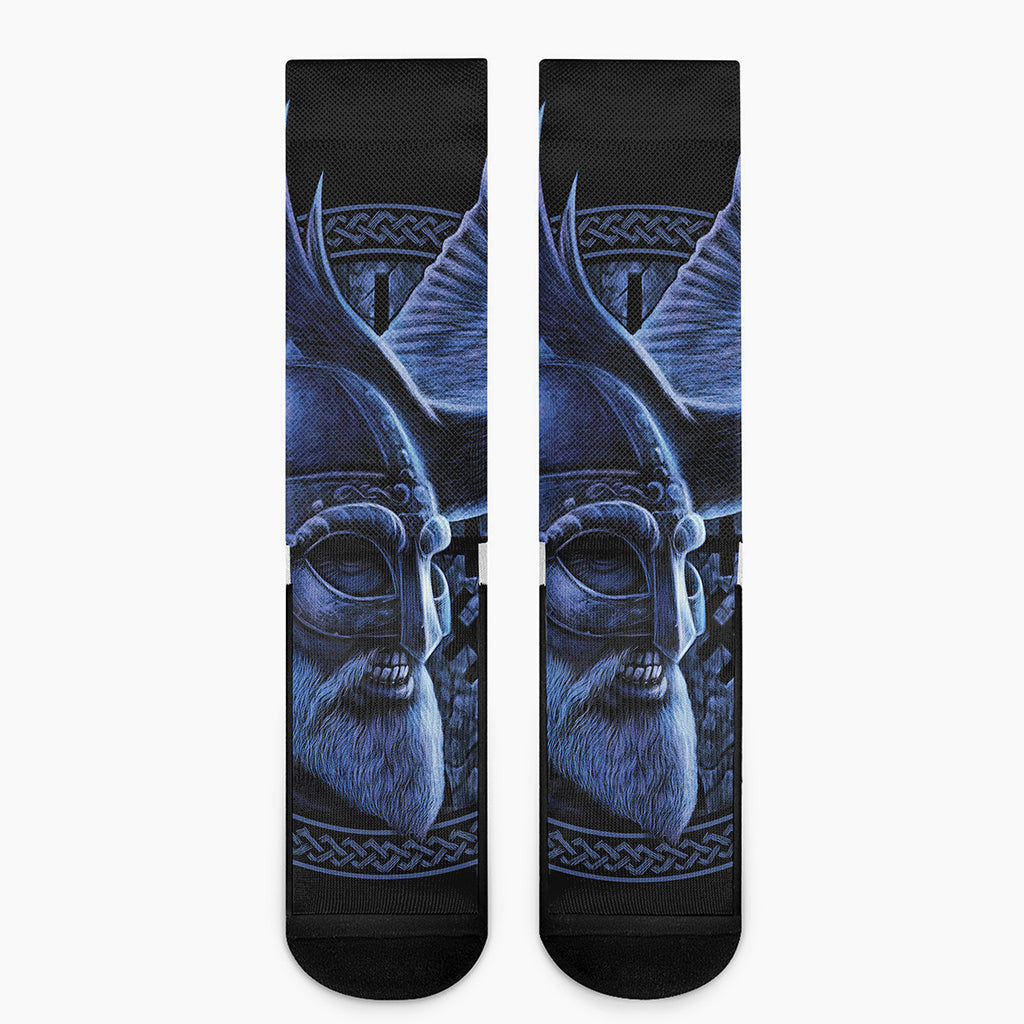 Blue Viking God Odin And Crow Print Crew Socks