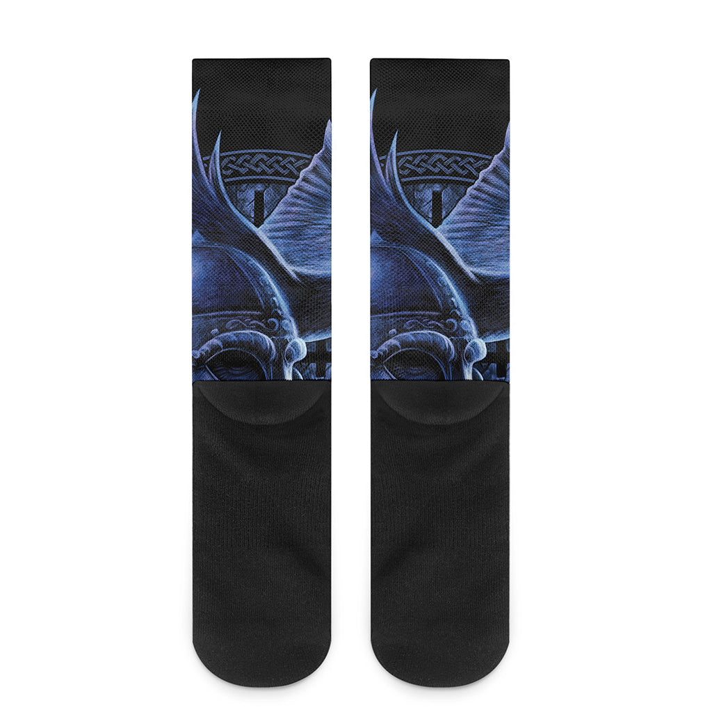 Blue Viking God Odin And Crow Print Crew Socks