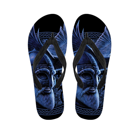Blue Viking God Odin And Crow Print Flip Flops