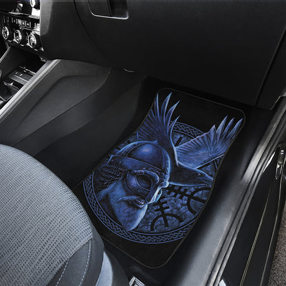 Blue Viking God Odin And Crow Print Front and Back Car Floor Mats