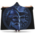 Blue Viking God Odin And Crow Print Hooded Blanket