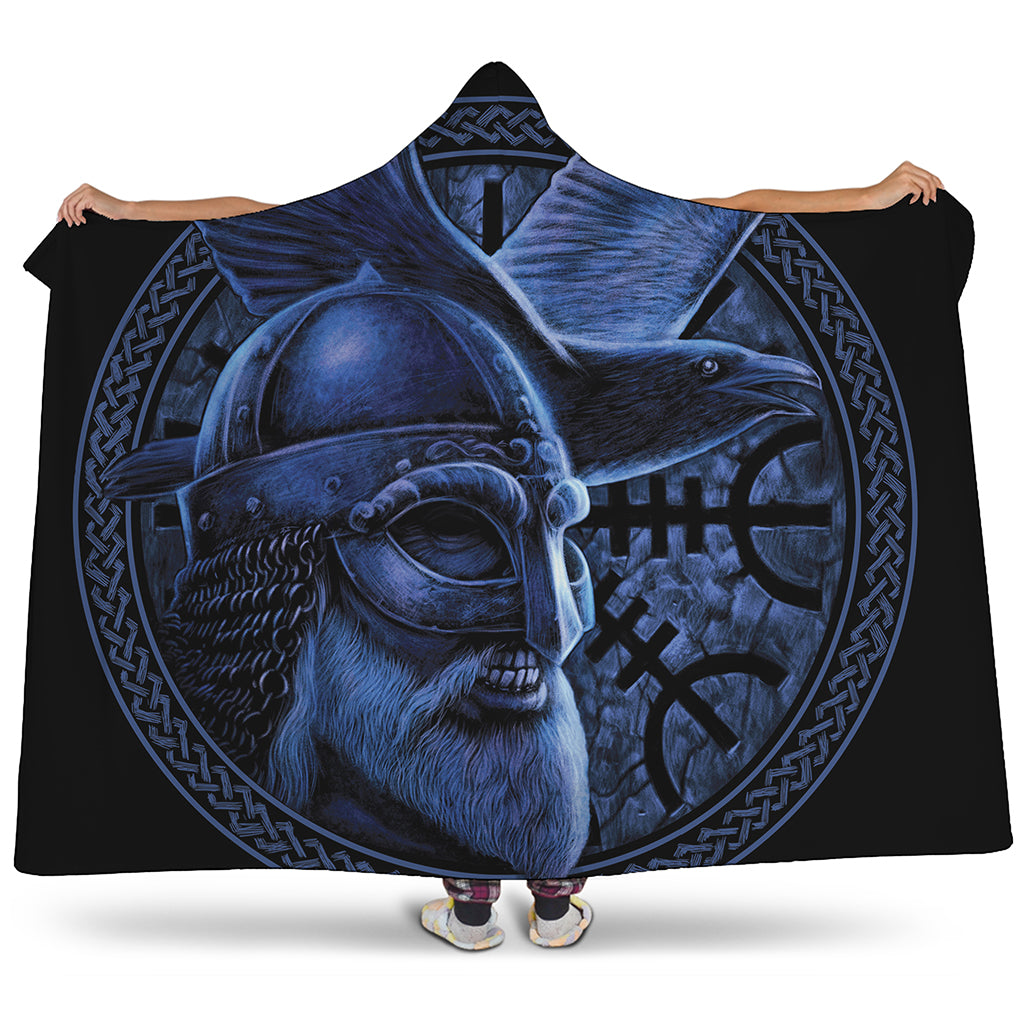 Blue Viking God Odin And Crow Print Hooded Blanket