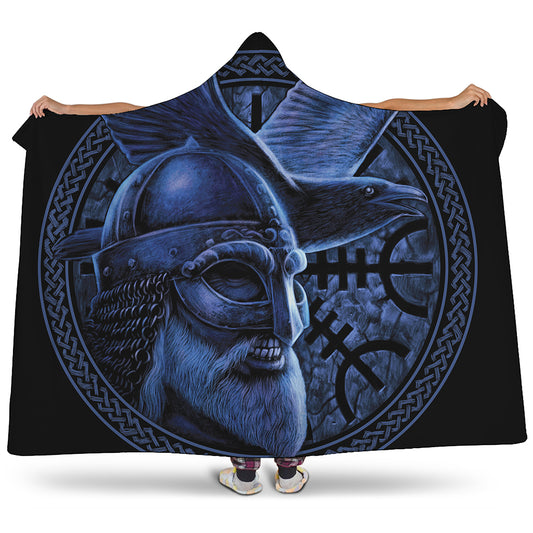 Blue Viking God Odin And Crow Print Hooded Blanket