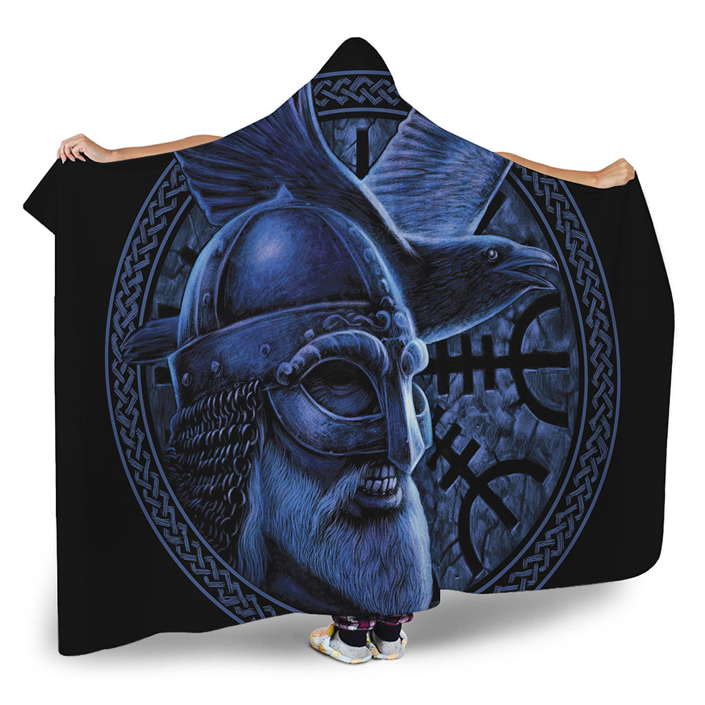 Blue Viking God Odin And Crow Print Hooded Blanket