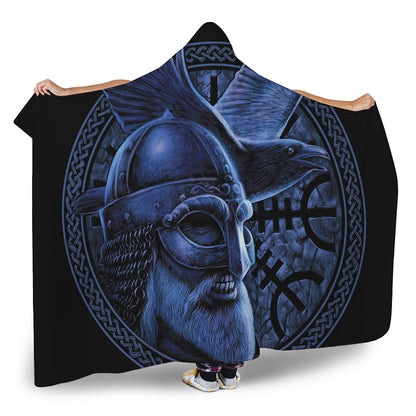 Blue Viking God Odin And Crow Print Hooded Blanket