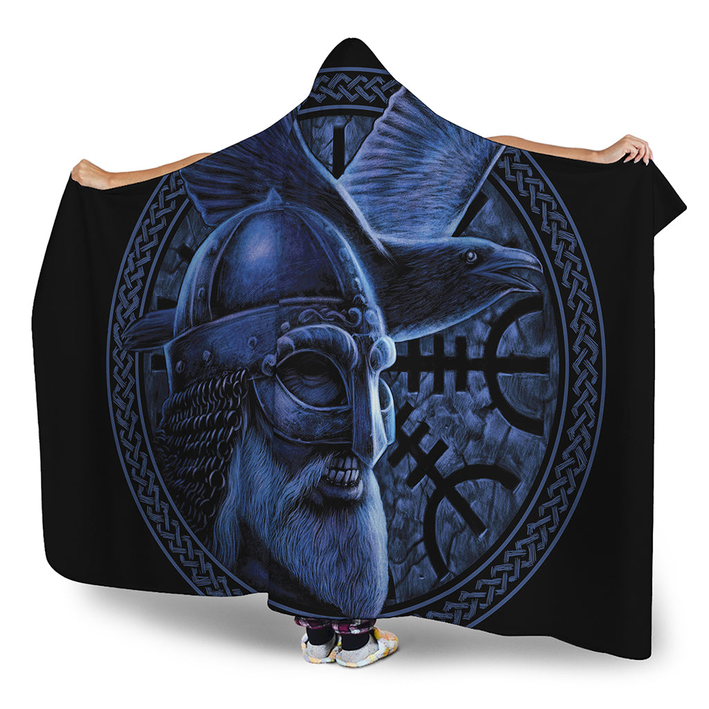 Blue Viking God Odin And Crow Print Hooded Blanket