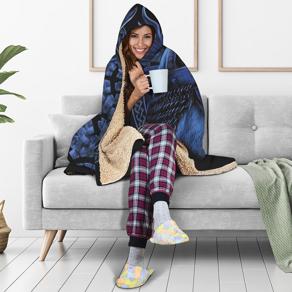Blue Viking God Odin And Crow Print Hooded Blanket