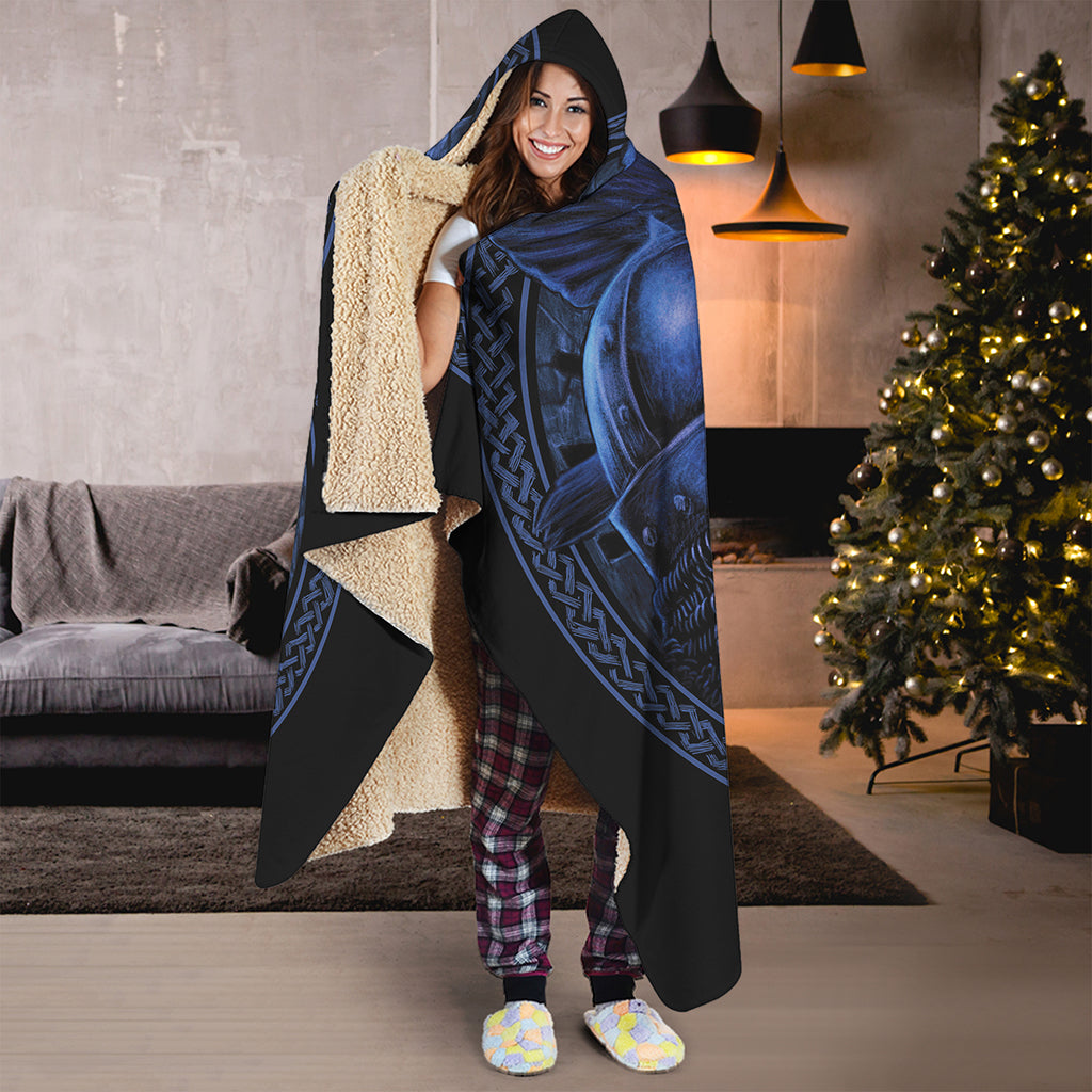 Blue Viking God Odin And Crow Print Hooded Blanket