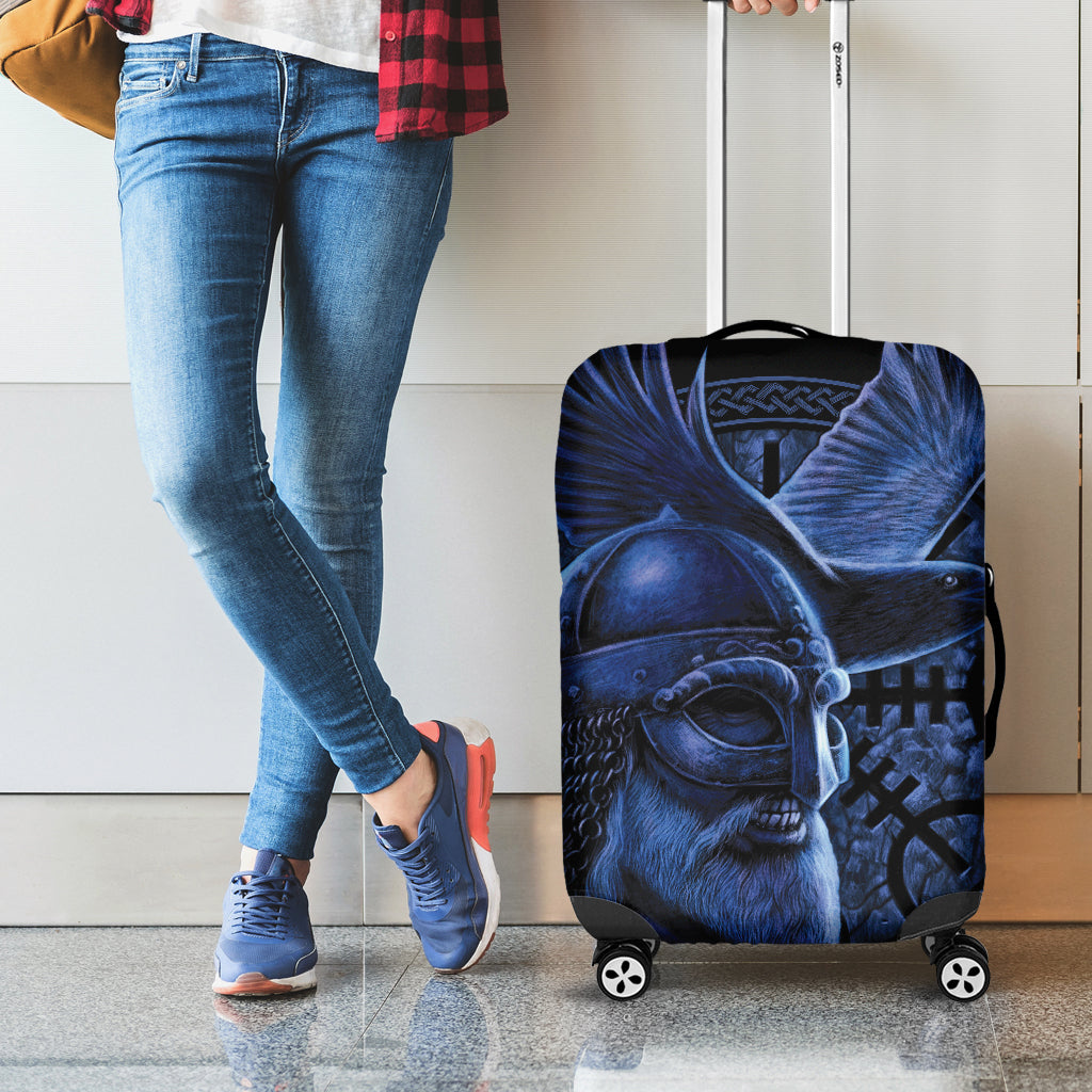 Blue Viking God Odin And Crow Print Luggage Cover