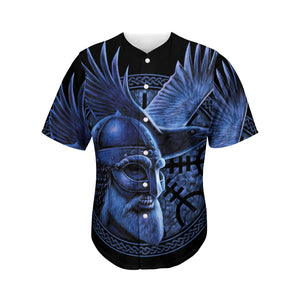 Blue Viking God Odin And Crow Print Men's Baseball Jersey