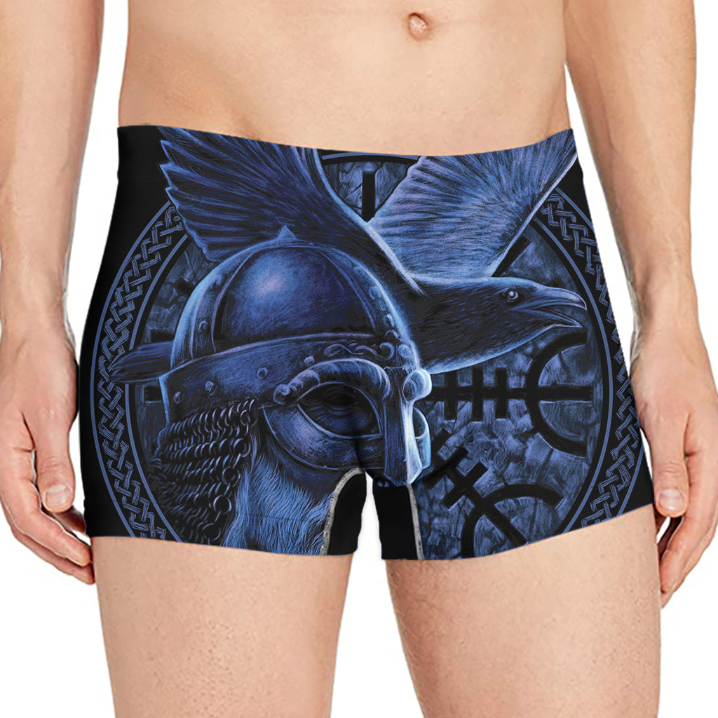 Blue Viking God Odin And Crow Print Men's Boxer Briefs