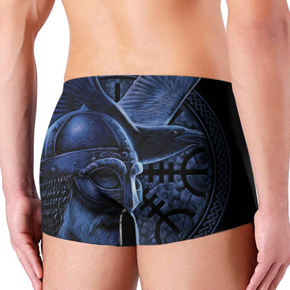 Blue Viking God Odin And Crow Print Men's Boxer Briefs