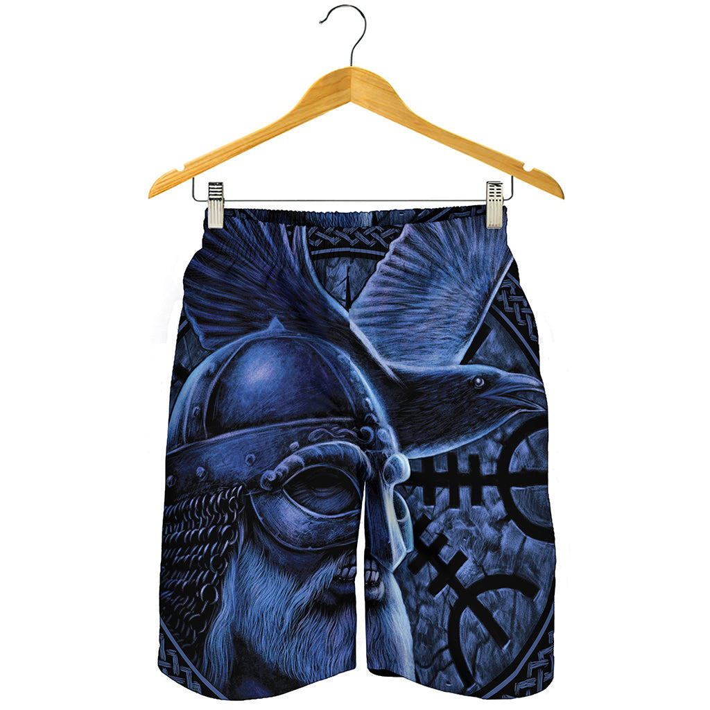 Blue Viking God Odin And Crow Print Men's Shorts