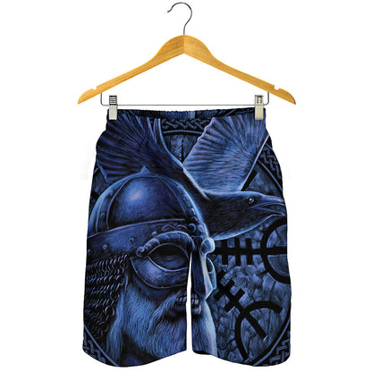 Blue Viking God Odin And Crow Print Men's Shorts