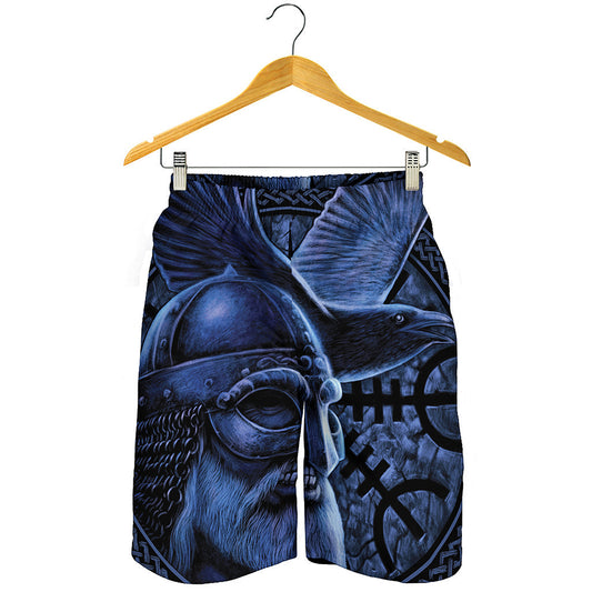 Blue Viking God Odin And Crow Print Men's Shorts
