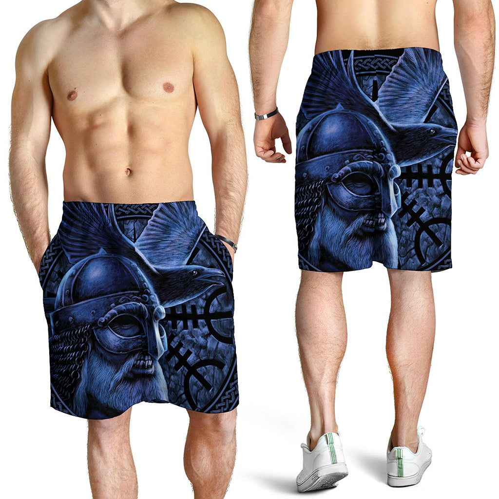Blue Viking God Odin And Crow Print Men's Shorts
