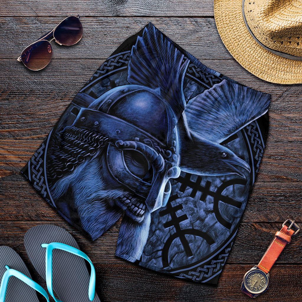 Blue Viking God Odin And Crow Print Men's Shorts