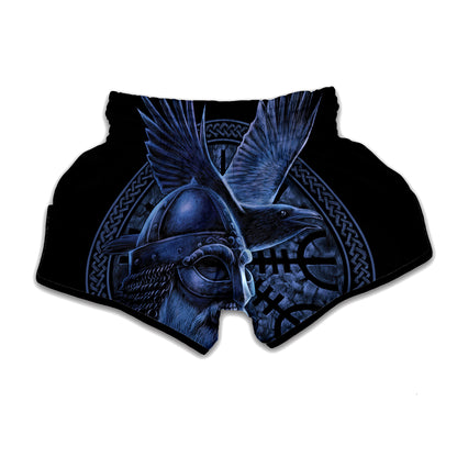 Blue Viking God Odin And Crow Print Muay Thai Boxing Shorts