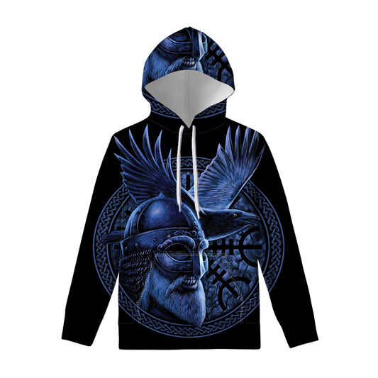 Blue Viking God Odin And Crow Print Pullover Hoodie