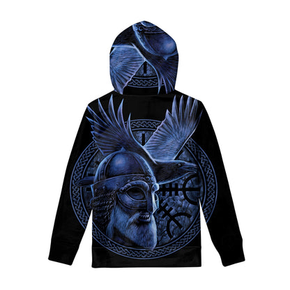 Blue Viking God Odin And Crow Print Pullover Hoodie