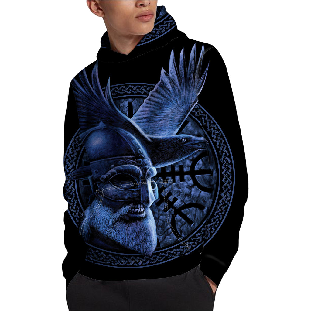 Blue Viking God Odin And Crow Print Pullover Hoodie