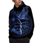 Blue Viking God Odin And Crow Print Pullover Hoodie