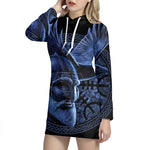 Blue Viking God Odin And Crow Print Pullover Hoodie Dress