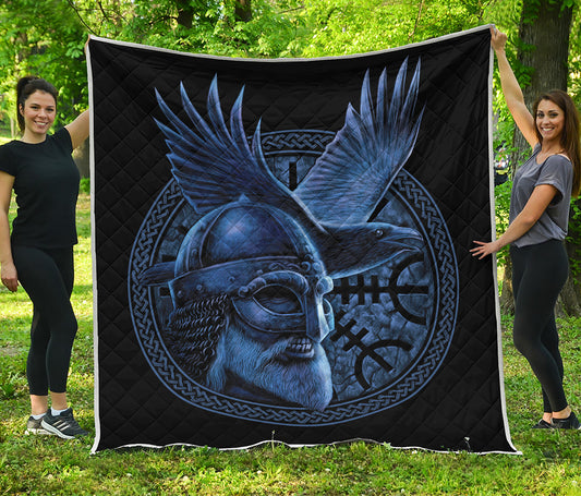 Blue Viking God Odin And Crow Print Quilt