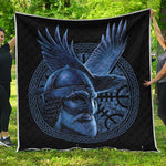 Blue Viking God Odin And Crow Print Quilt