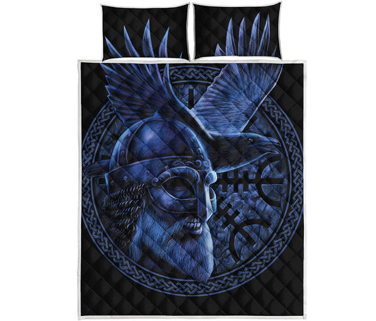 Blue Viking God Odin And Crow Print Quilt Bed Set