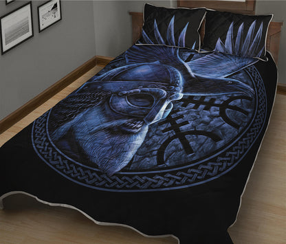 Blue Viking God Odin And Crow Print Quilt Bed Set