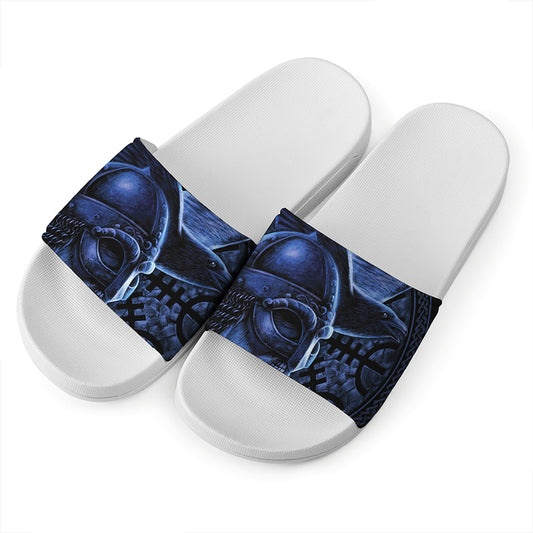 Blue Viking God Odin And Crow Print White Slide Sandals