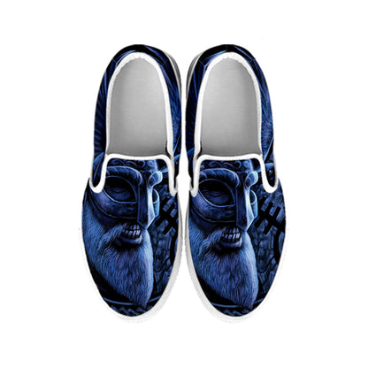 Blue Viking God Odin And Crow Print White Slip On Shoes