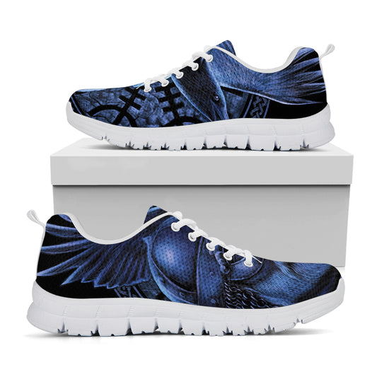 Blue Viking God Odin And Crow Print White Sneakers
