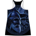 Blue Viking God Odin And Crow Print Women's Racerback Tank Top